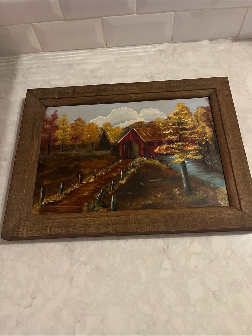 Vintage framed signed Fall Autumn painting on board by E. Murphy 16”x 12”